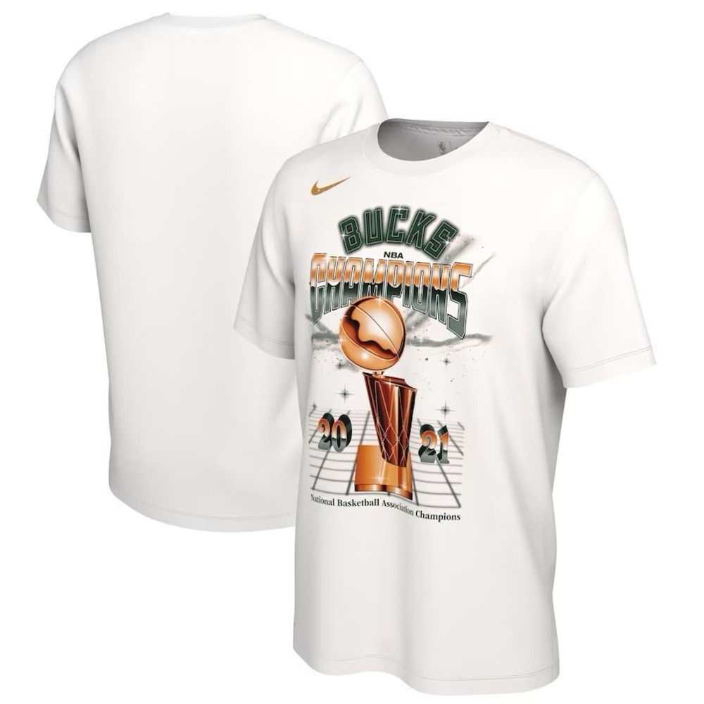 Nike Milwaukee Bucks Shirt Men 2XL XXL White Green‎ Gold Caricature 2021 Champs